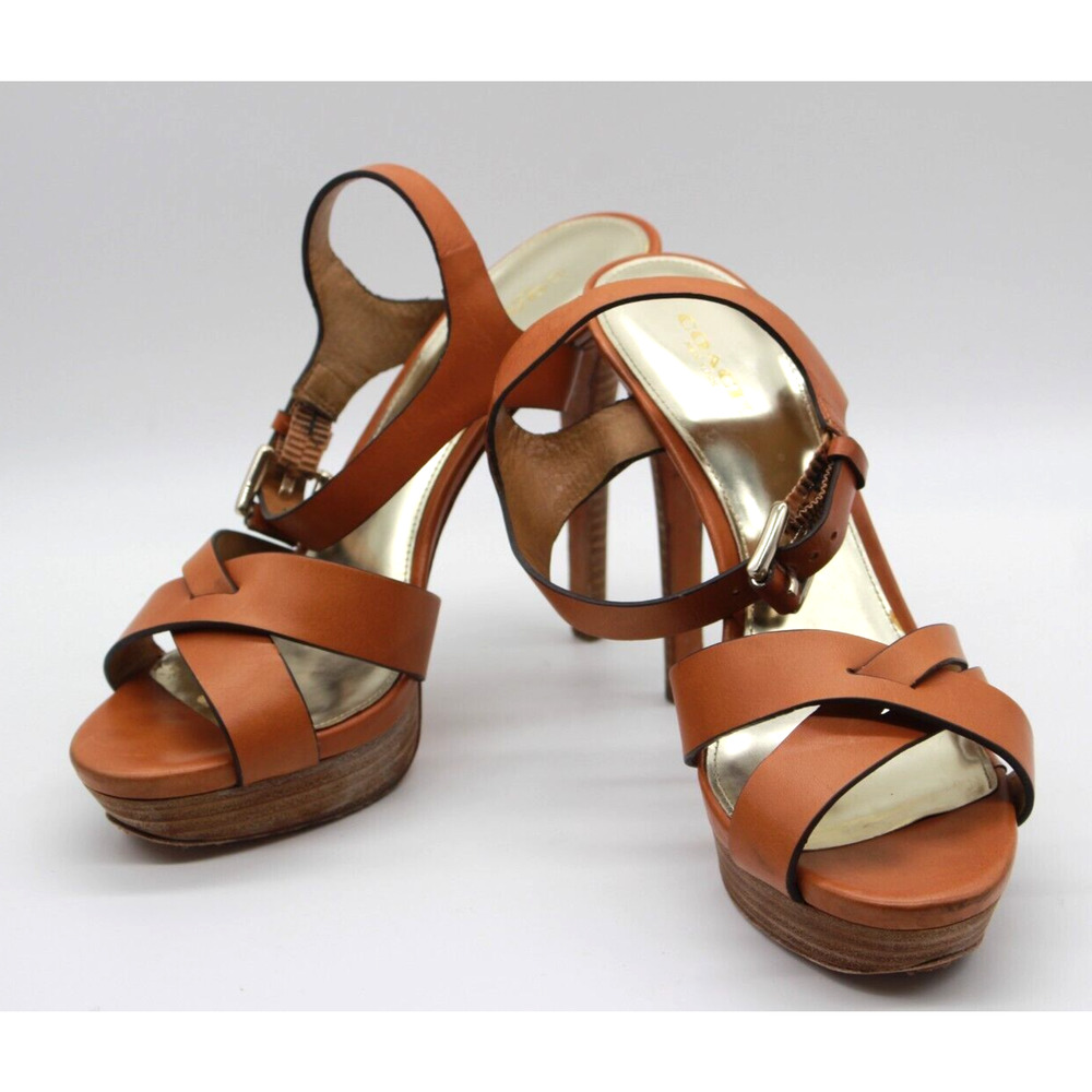 COACH Womens Dani Dark Orange Leather Platform Open Toe Heels Sandals Sz 8.5 B